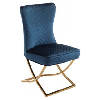An Image of Lorenzo Blue Velvet Dining Chair With Gold Legs