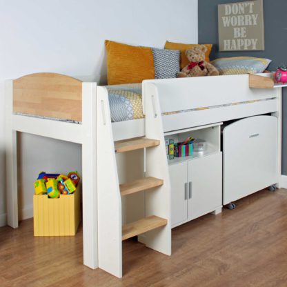 An Image of Urban Birch Childrens Midsleeper Bed with pull out Desk and Cupboard