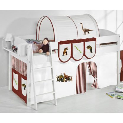 An Image of Lilla Children Bed In White With Dinosaur Brown Curtains
