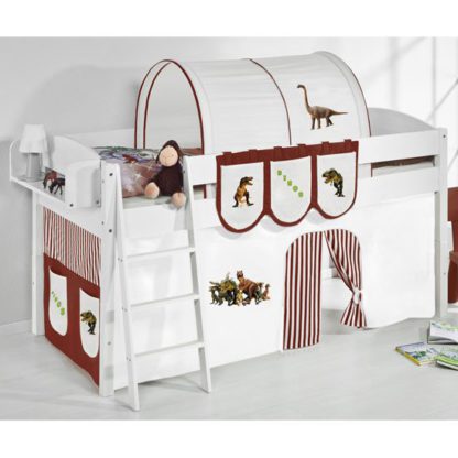 fcdb616222198b1b2f9d47137cf9a9f4d6b758205e94772e4458835073a16c93.jpg An Image of Lilla Children Bed In White With Dinosaur Brown Curtains