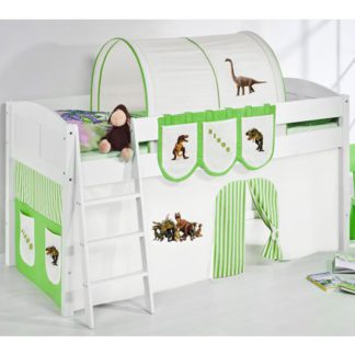 An Image of Hilla Children Bed In White With Dinosaur Green Curtains