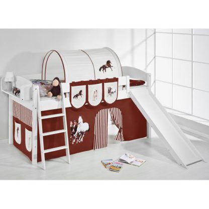 An Image of Lilla Slide Children Bed In White With Horses Brown Curtains