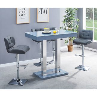 An Image of Caprice Glass Bar Table In Grey With 4 Grey Candid Stools
