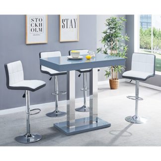 An Image of Caprice Glass Bar Table In Grey With 4 White Grey Copez Stools