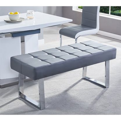 An Image of Austin Dining Bench In Grey Faux Leather With Chrome Base
