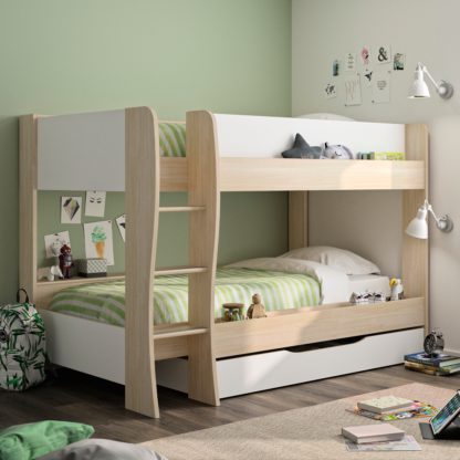 An Image of Roomy Oak and White Wooden Bunk Bed With Storage Drawer Frame - EU Single