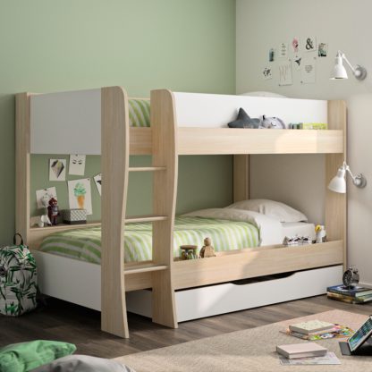 18bc46ddcd7d4d2a93cb1f0445d238d78e337979826da7e3835adda4e3a73309.jpg An Image of Roomy Oak and White Wooden Bunk Bed With Storage Drawer Frame - EU Single