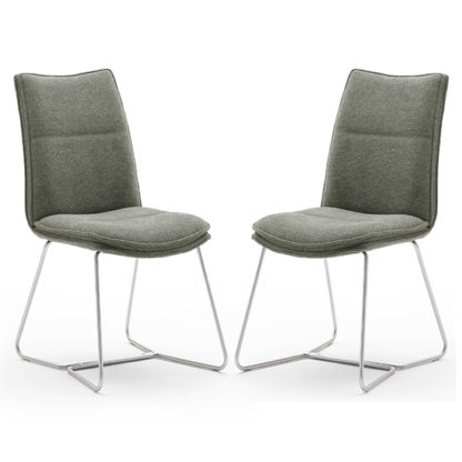 An Image of Ciko Olive Fabric Dining Chairs With Brushed Legs In Pair
