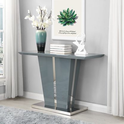 3c61d6752e4a503a6c5127e5f3e8809200bec1d4360b34dc709ca9447cfd8474.jpg An Image of Memphis Console Table In Grey High Gloss With Glass Top