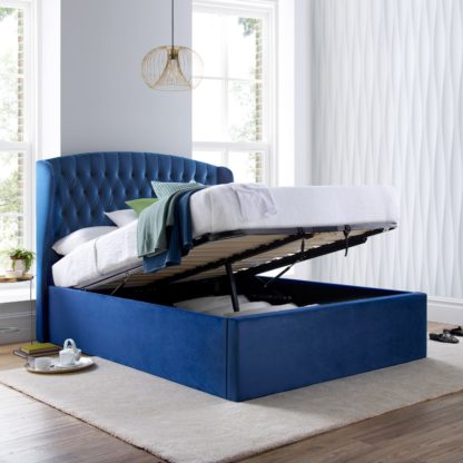 An Image of Warwick Blue Velvet Fabric Ottoman Bed Frame - 5ft King Size