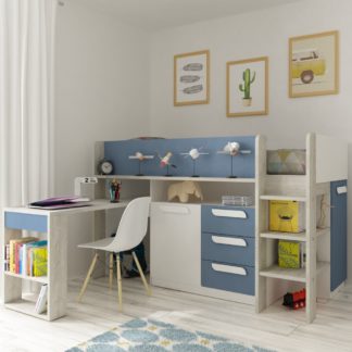 An Image of Girona Blue and Oak Wooden Mid Sleeper Frame - EU Single