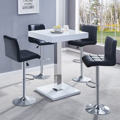 An Image of Topaz White Gloss Bar Table With 4 Coco Black Bar Stools