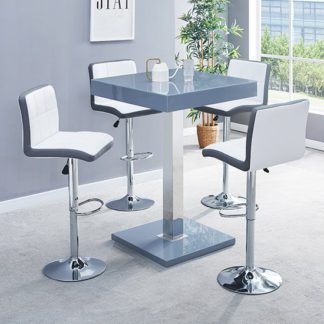 An Image of Topaz Glass Bar Table In Grey With 4 Copez White Grey Stools