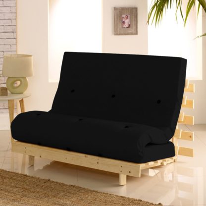 An Image of Metro Pine Wooden 2 Seater Chair/Folding Guest Bed with Black Futon Mattress - 4ft Small Double
