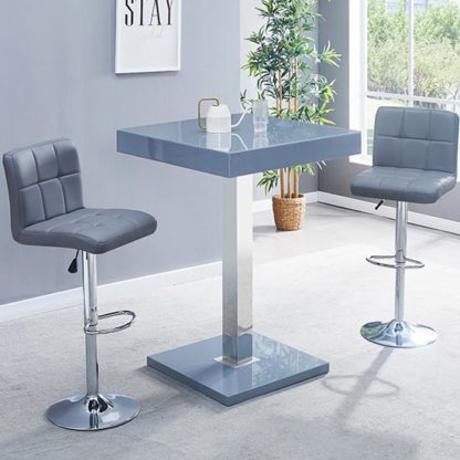 An Image of Topaz Glass Bar Table In Grey Gloss With 2 Coco Grey Stools