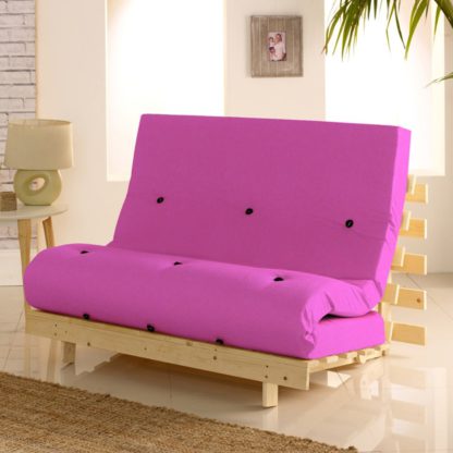 An Image of Metro Pine Wooden 2 Seater Chair/Folding Guest Bed with Pink Futon Mattress - 4ft Small Double