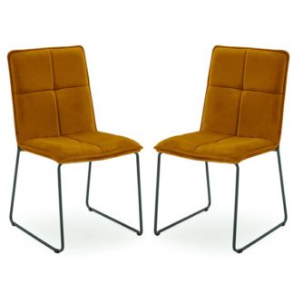 An Image of Soren Mustard Velvet Dining Chairs With Black Legs In Pair