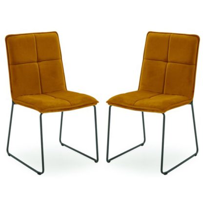 6fbe2b64d17a84269a549a4873c6c47aab6e63f569a0e81bde244f60f746ff5d.jpg An Image of Soren Mustard Velvet Dining Chairs With Black Legs In Pair