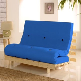 An Image of Metro Pine Wooden 2 Seater Chair/Folding Guest Bed with Dark Blue Futon Mattress - 4ft Small Double