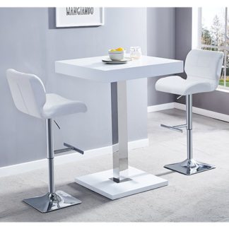 An Image of Topaz White Gloss Bar Table With 2 Candid White Bar Stools