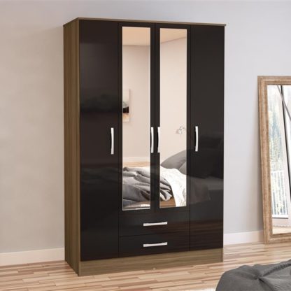 An Image of Lynx 4 Door Combination Mirrored Wardrobe Walnut and Black