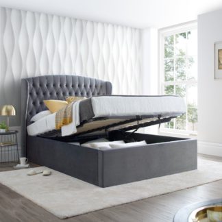 An Image of Warwick Grey Velvet Fabric Ottoman Bed Frame - 4ft Small Double