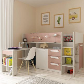 An Image of Girona Pink and Oak Wooden Mid Sleeper Frame - EU Single