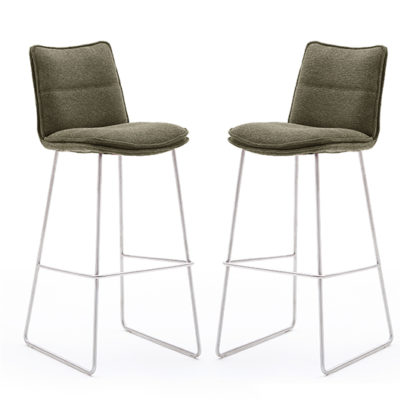 An Image of Ciko Olive Fabric Bar Stools With Brushed Legs In Pair