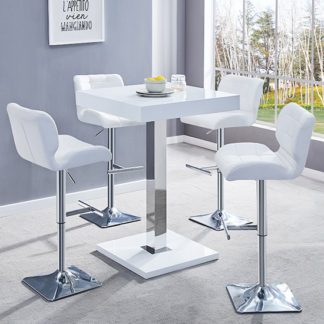 An Image of Topaz White Gloss Bar Table With 4 Candid White Bar Stools