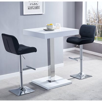 An Image of Topaz White Gloss Bar Table With 2 Candid Black Bar Stools