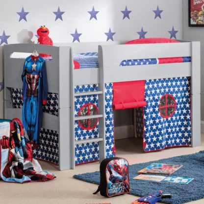 a7f98dc471dc586e1a582f3ce9a65e97570cf28ebc38704d43666cc565057e4b.jpg An Image of Pluto Dove Grey Wooden Mid Sleeper with Starry Blue Tent Frame - 3ft Single