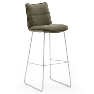 An Image of Ciko Fabric Bar Stool In Olive With Brushed Steel Legs