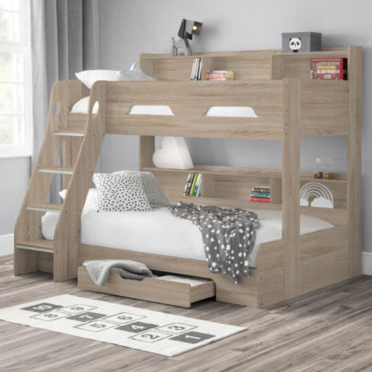 An Image of Orion Oak Wooden Storage Triple Sleeper Bunk Bed Frame - 3ft Single Top and 4ft Small Double Bottom