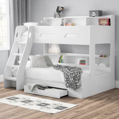 ba34dbb71186eb9d9f0af8c0ce0e81d2e21e8acef7ebed78a9505c353b708cac.jpg An Image of Orion White Wooden Storage Triple Sleeper Bunk Bed Frame - 3ft Single Top and 4ft Small Double Bottom