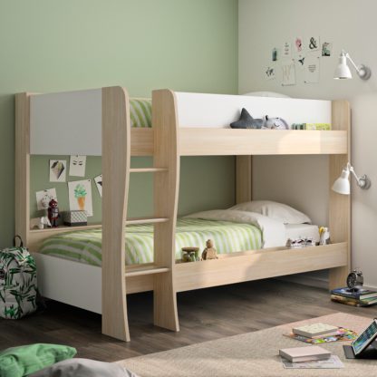 bb57c2aedbd7f1b6e0978467f1b6f4844bb1e0a31afbd293420ad1a16aedfcd2.jpg An Image of Roomy Oak and White Wooden Bunk Bed Frame - EU Single