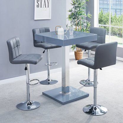An Image of Topaz Glass Bar Table In Grey Gloss With 4 Coco Grey Stools