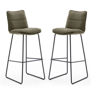 An Image of Ciko Olive Fabric Bar Stools With Matt Black Legs In Pair