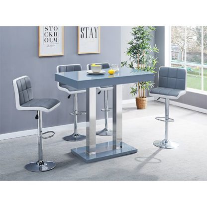 An Image of Caprice Glass Bar Table In Grey With 4 Grey White Copez Stools