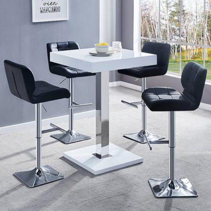 An Image of Topaz White Gloss Bar Table With 4 Candid Black Bar Stools