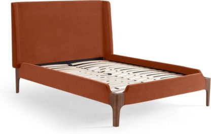 An Image of Roscoe King Size Bed, Nutmeg Orange Velvet & Dark Stain Oak Legs