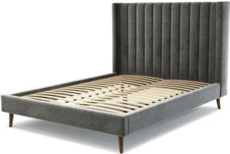 An Image of Custom MADE Cory King size Bed, Steel Grey Velvet with Walnut Stained Oak Legs