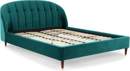 An Image of Margot King Size Bed, Seafoam Blue Velvet & Dark Stain Brass Legs