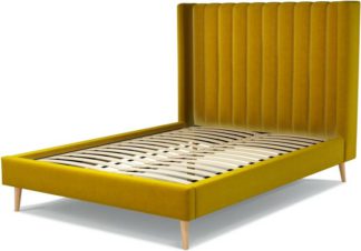 An Image of Custom MADE Cory Double size Bed, Saffron Yellow Velvet with Oak Legs