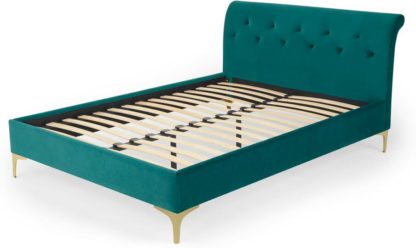 An Image of Linnell Double Bed, Seafoam Blue Velvet & Brass