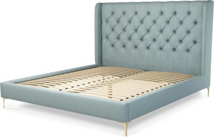 3158a13fd396e0559fa3e1e053a3ba15ec32572bab644232ebcf953899b0106a.jpg An Image of Custom MADE Romare Super King size Bed, Sea Green Cotton with Brass Legs