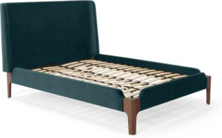 An Image of Roscoe King Size Bed, Steel Blue Velvet & Dark Stain Oak Legs