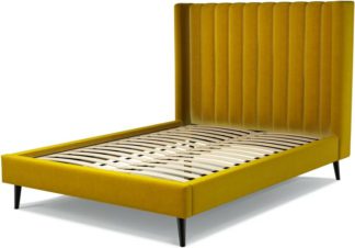 An Image of Custom MADE Cory Double size Bed, Saffron Yellow Velvet with Black Stained Oak Legs