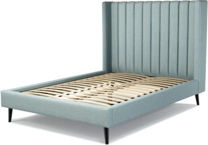 53b3efc887b3055b458b5d16202adb2a573e75a73cc4cd5333b58a539d669639.jpg An Image of Custom MADE Cory Double size Bed, Sea Green Cotton with Black Stained Oak Legs