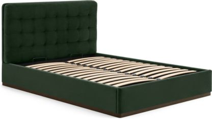 An Image of Lavelle Double Ottoman Bed, Laurel Green Velvet & Walnut Stain Plinth