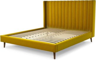 An Image of Custom MADE Cory Super King size Bed, Saffron Yellow Velvet with Walnut Stained Oak Legs